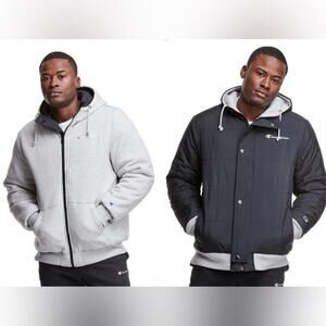 Champion Reversible Powerblend Puffer Jacket Gray & Black Hooded Coat Size Large